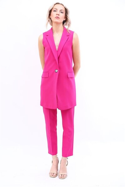 ÖNDER ÖZSOY Single Button Casual Vest & Piped Leg Trousers Set - Fuchsia - 15...