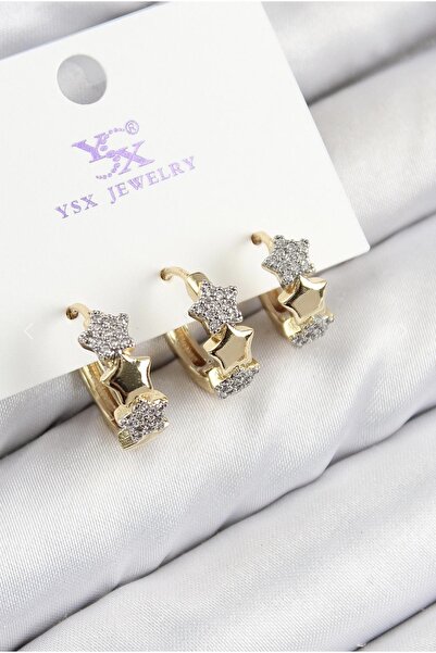 İnci Pirinç Zirkon Taşlı 3'lü Halka Yıldız Model Gold Renk şık Kadın Küpe