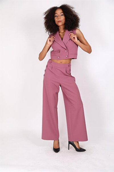 ÖNDER ÖZSOY Crop Vest & Buttoned Wide Leg Pants Set-Rose - 1524531