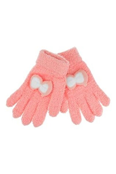 OEM Fluffy Coral Pastel Gloves with 3D Bow for Girls 6-10 Years - 1 Pair