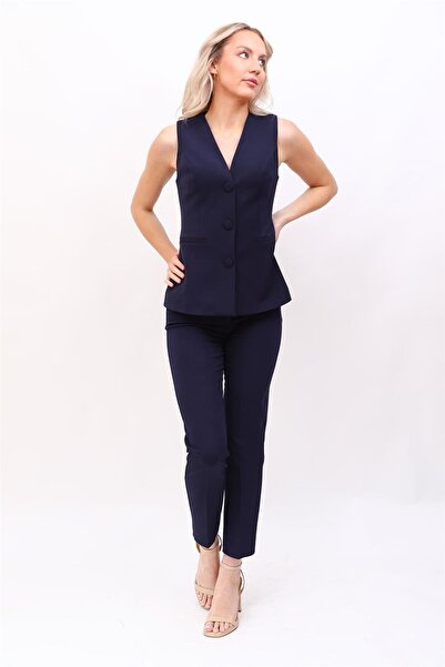 ÖNDER ÖZSOY Uzun Klasik Yelek & Boru Paça Pantolon Takım-Lacivert