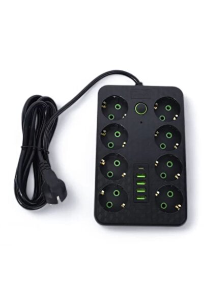 Zherqon Power Strip 8 Sockets, 4 USB + USB-C, 2500W, On/Off, 3m Cable, Overload Protection, 10A, Black