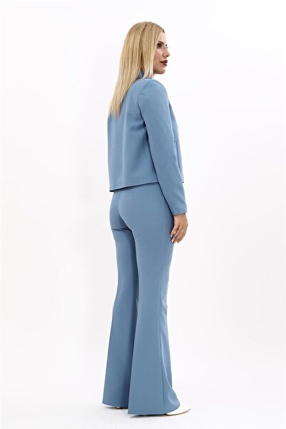 ÖNDER ÖZSOY Boydan Düğmeli Mini Ceket & İspanyol Paça Pantolon Takım-Deniz