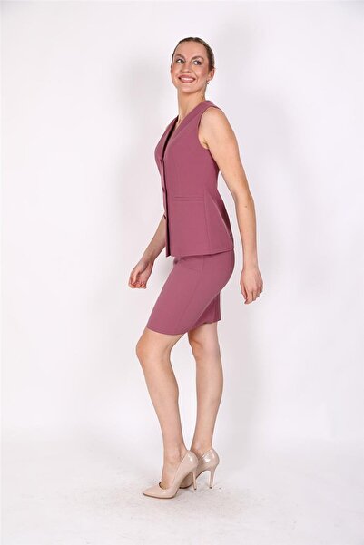 ÖNDER ÖZSOY Long Classic Vest & Short Pencil Skirt Set-Rose - 1516502