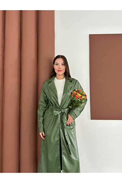 OTAKU Kadın Kruvaze Kapama Mevsimlik Suni Deri Trençkot