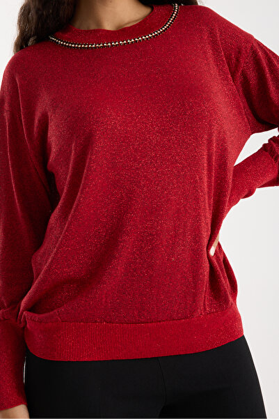 Moda Days Women's Red Viscose Vortex Yarn Stone Detailed Crew Neck Silvery Knitwear Blouse