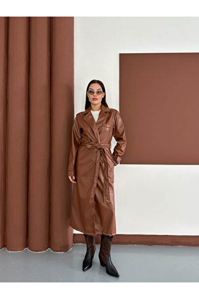 OTAKU Kadın Kruvaze Kapama Mevsimlik Suni Deri Trençkot