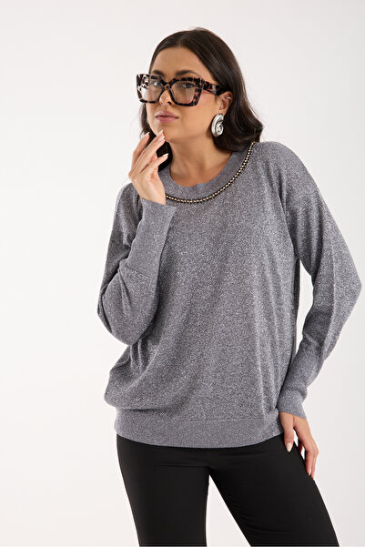 Moda Days Women's Gray Viscose Vortex Yarn Stone Detailed Crew Neck Silvery Knitwear Blouse