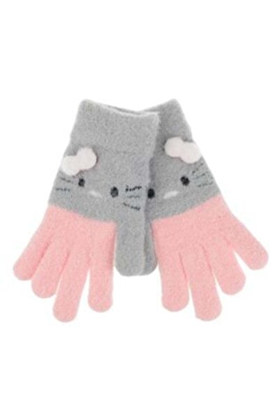OEM Gray Pink Gloves with Cat Face and Pink 3D Bow for Girls 6-10 Years - 1 Pair