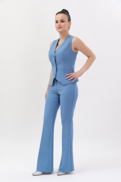 ÖNDER ÖZSOY Klasik Yelek & İspanyol Paça Pantolon Takım-Deniz