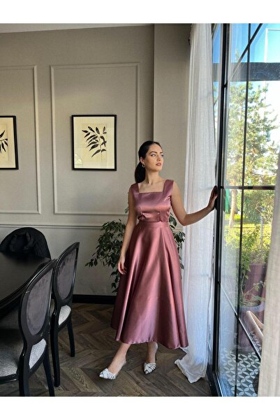 DİSE KADIN GÜL KURUSU LADY KALIN ASKILI MİDİ BOY ABİYE ELBİSE