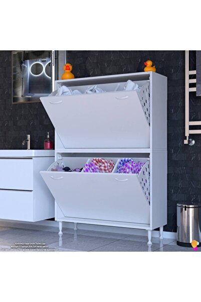 Modilayn Esil Banyo Kirli Çamaşır Dolabı Banyo Dolabı 90 cm 6 Bölme Saklayıcı Sepetli Dolap 90x138x325 cm