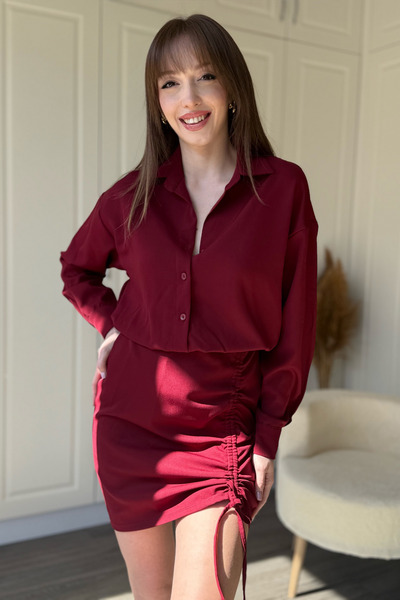 Dilay Gökoğlu Butik Φόρεμα πουκάμισο μπορντό με ρυθμιζόμενο κορδόνι στη μέση