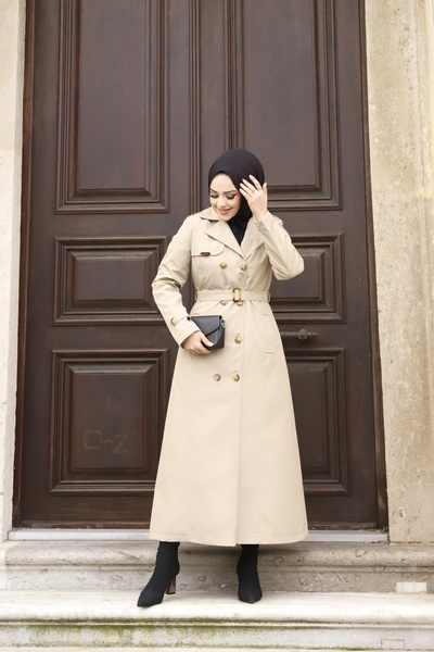 Viskosa Women's Classic Belted Long Trench Coat - Buttoned, Jacket Collar, Seasonal Outerwear