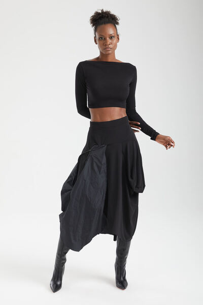 IMBUE Technical Panelled Zippered Asymmetrical Black Balloon Midi Skirt