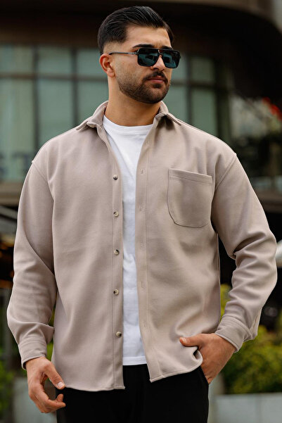 MENCOD Likralı Yarım Oversize Cepli Kaşe Gömlek