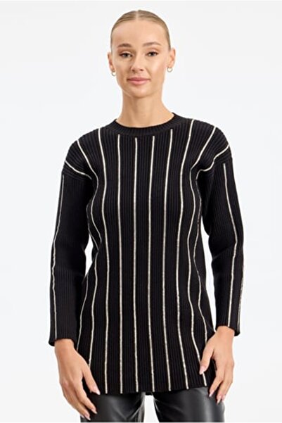 Tığ Triko Crochet-Striped Stone-Stitched Ribbed Tunic-21799