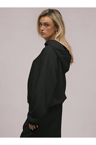 Kaptins Unisex Kapüşonlu Siyah Sweatshirt Kadin ve Erkek Rahat Kesim