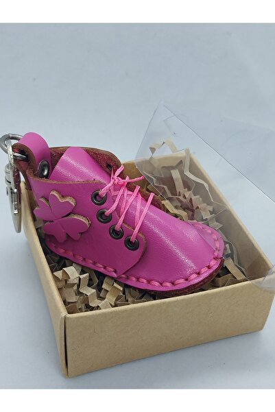 Hakiki Deri Pembe Renkli Pembe Çiçek Monteli Minyatür Bot Anahtarlık ve Çanta Charmı