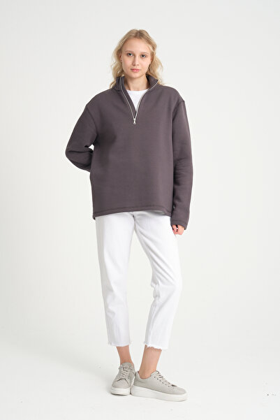 Superlife Γυναικείο φούτερ με άνετη εφαρμογή, φλις εσωτερικά, 3 κλωστές, μισό φερμουάρ spr24swK21