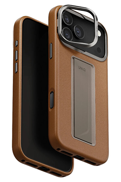 UNIQ Better By Design İphone 17 Pro Max Kılıf Heldro Vegan Deri Kapak Kamera Standlı Kapak FlexGrip™ Kolay Tutma Bandı