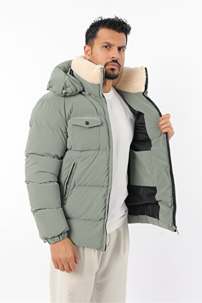 Rodrigo Ανδρικό χοντρό χειμωνιάτικο παλτό με φουσκωτό γιακά από γούνα Nova Fabric με σφιχτή γέμιση από ίνες