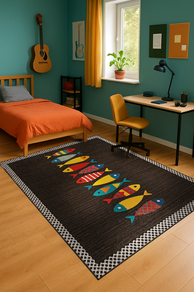 Rugs Modern Halı MOSSO Çok Renkli Soyut Balık Figürleri Desenli Dokuma Taban ...