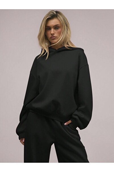 Kaptins Unisex Kapüşonlu Siyah Sweatshirt Kadin ve Erkek Rahat Kesim