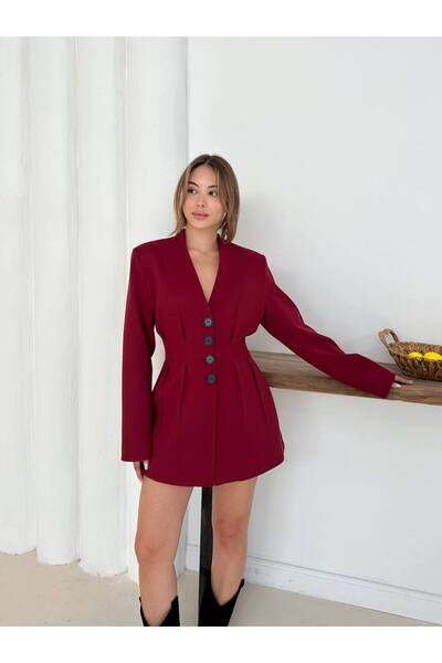 GM Butikk Women's New Season Deep V Neck Long Sleeve Mini Blazer Jacket Dress Pleated Detail Women's Dress