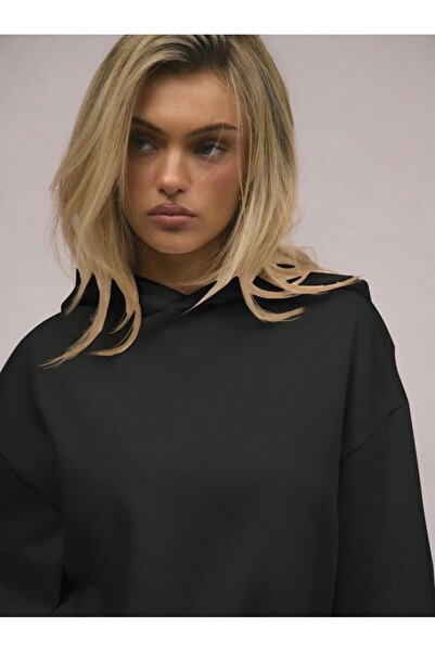 Kaptins Unisex Kapüşonlu Siyah Sweatshirt Kadin ve Erkek Rahat Kesim