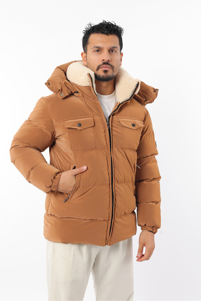 Rodrigo Мъжка пухена яке с кожана яка, дебело зимно палто с плътно влакнесто пълнеж