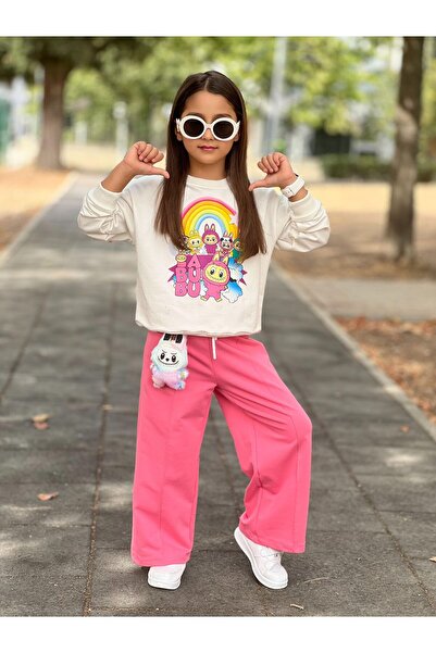 Kuzeyi Butik Girls' Wide-Leg Pants and Top Set, Including Labubu Toy