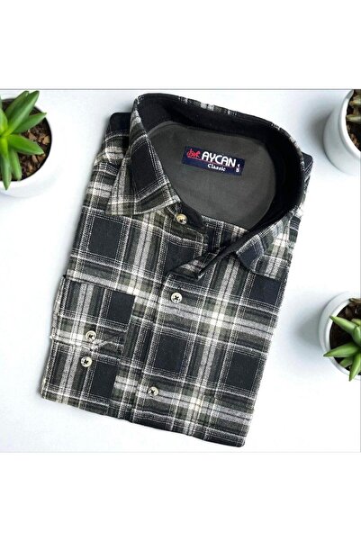 EREN STYLE Cămașă neagră clasică din țesătură de flanel de iarnă, 100% bumbac...