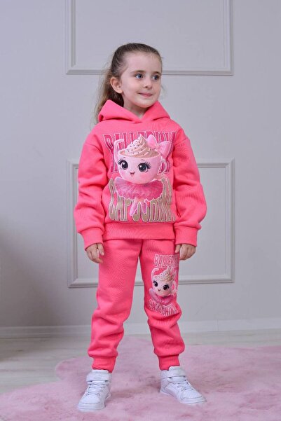 Yağmur Giyim طقم رياضي للفتيات من PJK3İ باليرينا كابتشينو مزخرف بثلاثة خيوط و...