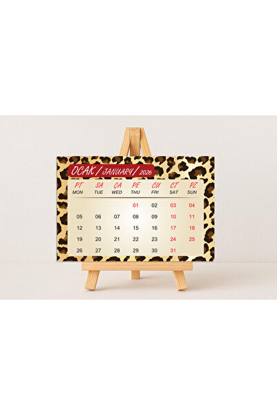 GenelTedarik 2026 LEOPAR DESENLİ MASA TAKVİMİ 10X15 CM EBAT-MİNİ AHŞAP ŞÖVALE İLE BİRLİKTE