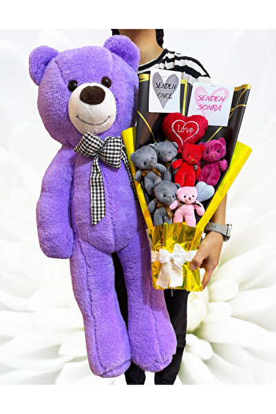 lenostra هدية رومانسية للحبيب - باقة دب أرجواني 90 سم ودب قبلك وبعدك - خاصة ل...