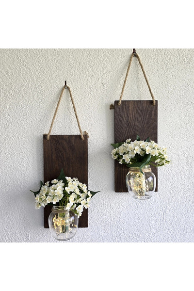 STDEKOR Led Işıklı, Beyaz Mini Ortanca Çiçekli Duvar Dekoru Ceviz İkili Set