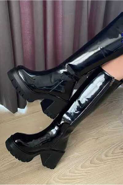 bescobel Women's Black Patent Leather Monda Platform High Heel Leather Look Below-The-Knee Boots
