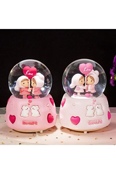 Livava Kalpli Büyük Boy Kar Küresi Işıklı, Müzikli, Püskürtmeli, Pembe, 16X12