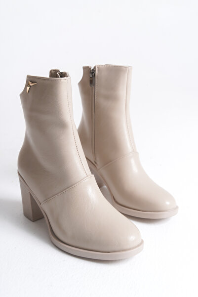 BEEKAMI Kadın Bej Topuklu Fermuarlı Şık Bot