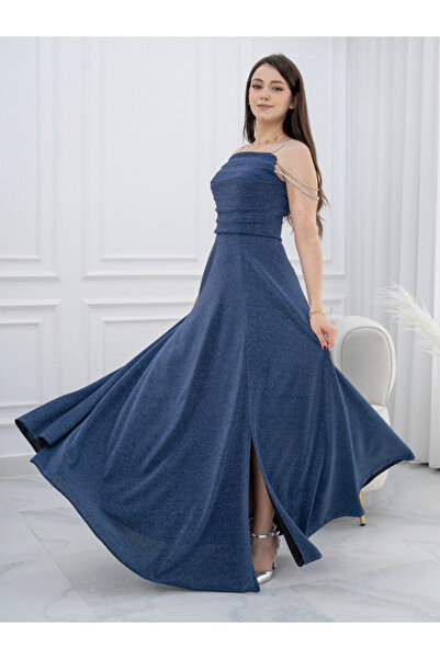 Nice Model Dark Blue Sparkly Evening Dress with Crystal Straps and Side Slit ...