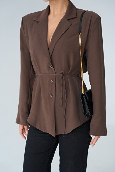 LOOSH Kadın Kahve Kruvaze Yaka Kuşaklu Blazer Ceket