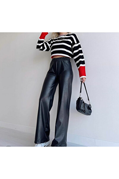 buğrahayalin Women's High Waist Elastic Waist Wide Leg Leather Pants