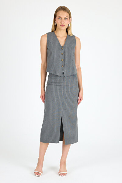 MADAME MELEK Slit Skirt Vest Suit Striped Fabric Suit