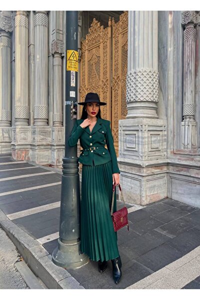 GAMZE ALPTEKİN Elizabeth Gold Belted - Buttoned Blazer Jacket and Pleated Long Skirt Set