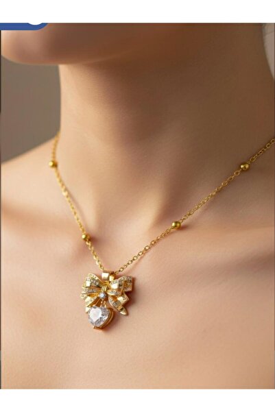 KANERUZ Gold Color Bow White Heart Model Ball Chain Steel Necklace