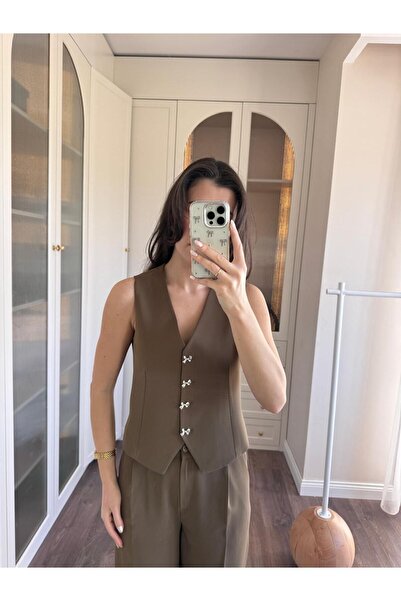 GAMZE ALPTEKİN Ribbon Buttoned Design Vest Trousers Suit Premium Quality