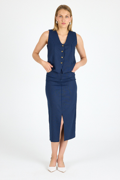 GAMZE ALPTEKİN Slit Skirt Vest Suit Striped Fabric Suit