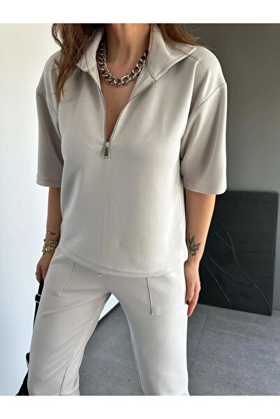 GAMZE ALPTEKİN Yaka Ve Paçası Fermuarlı Takım Pantolon Tişört Takım Eşofman Takımı