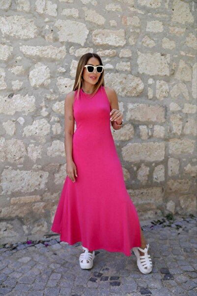 GAMZE ALPTEKİN Fuchsia Maxi Dress with Cross Slit at the Back